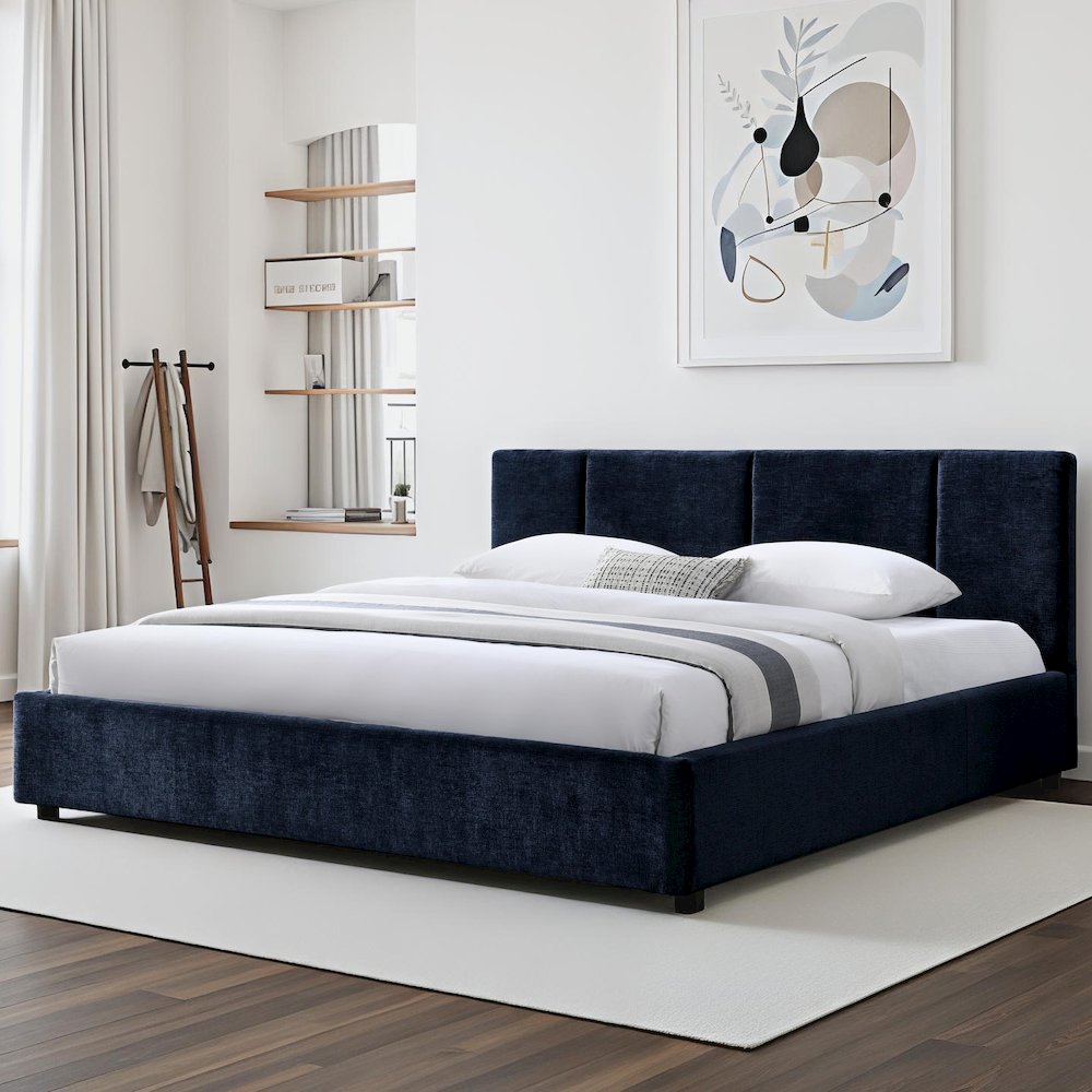Venice Upholstered Platform King Bed in Blue Fabric. Picture 7