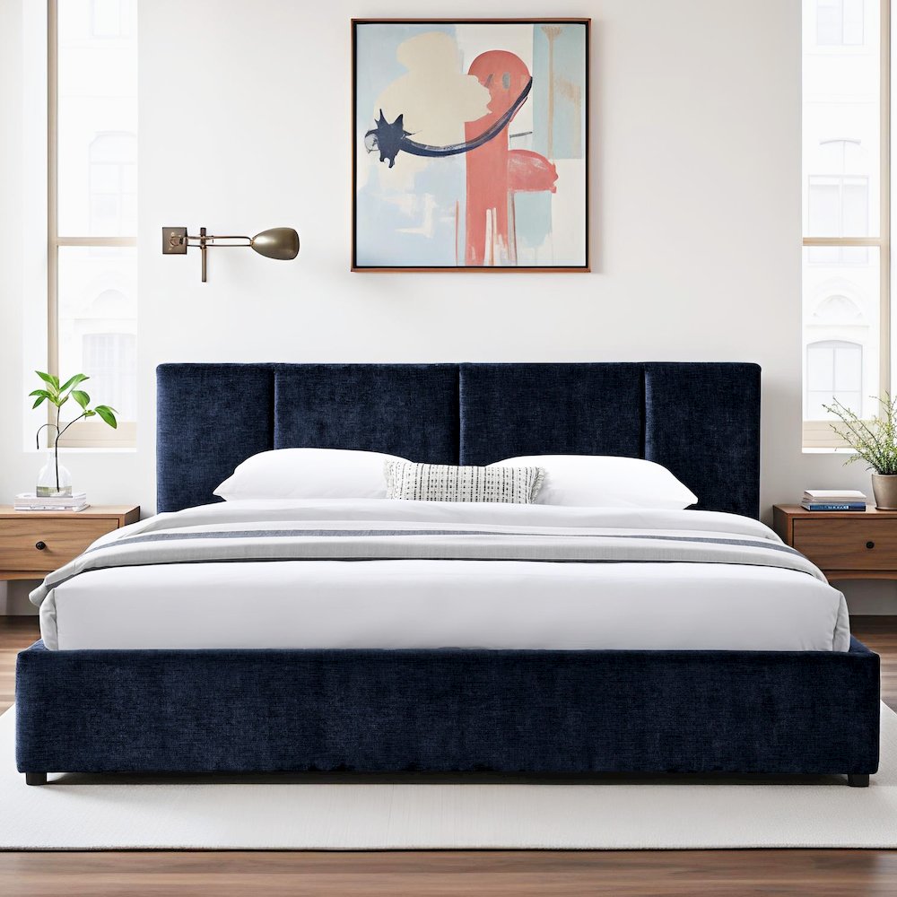 Venice Upholstered Platform King Bed in Blue Fabric. Picture 4