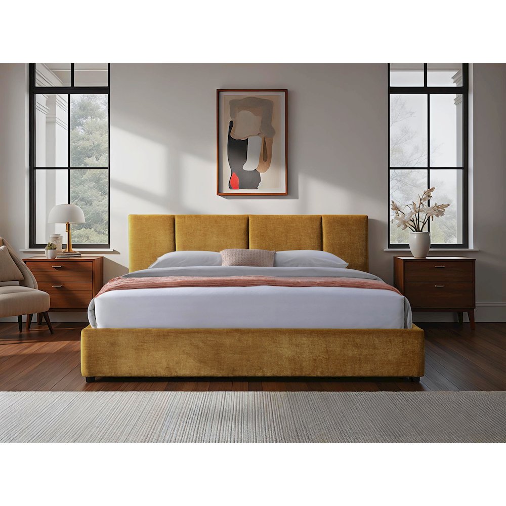 Venice Upholstered Platform King Bed in Gold Fabric. Picture 6