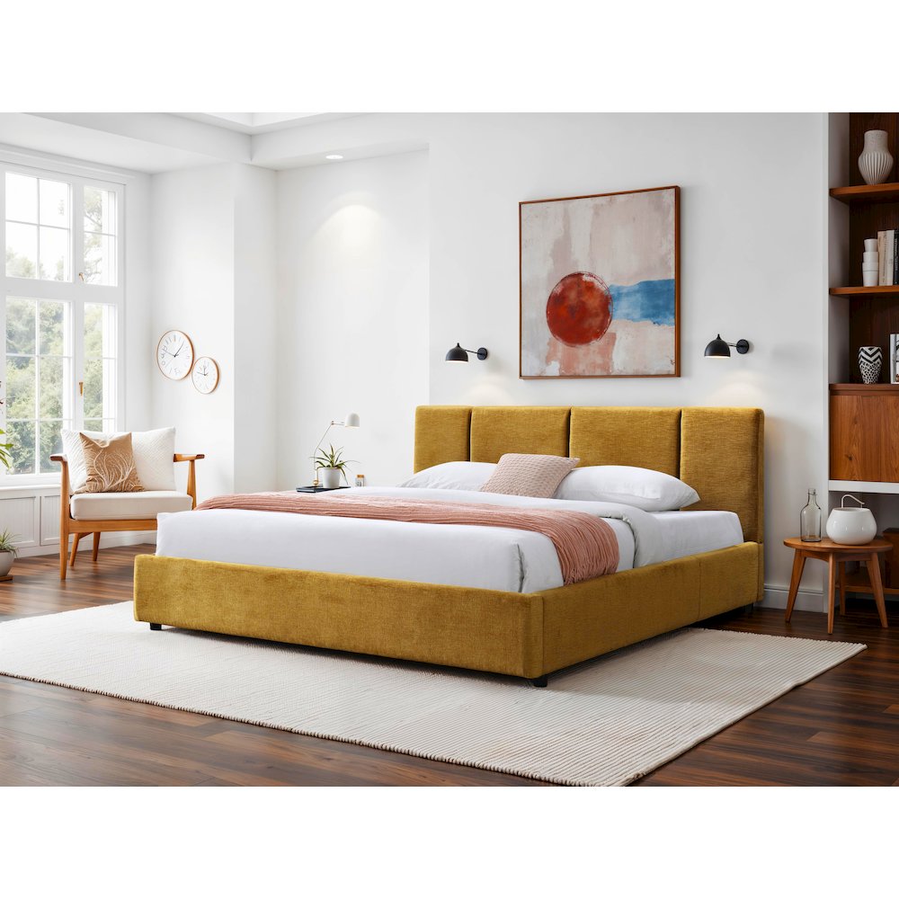 Venice Upholstered Platform King Bed in Gold Fabric. Picture 5