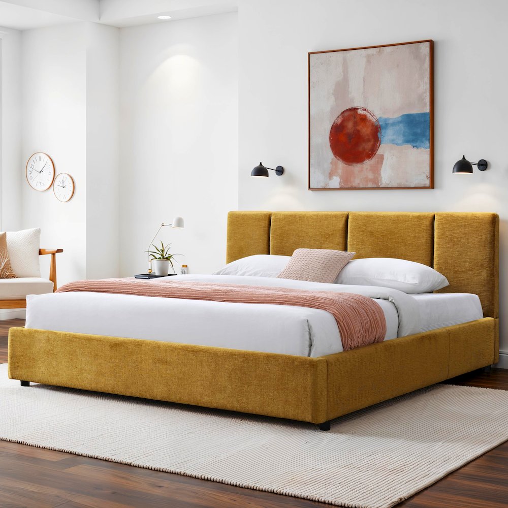 Venice Upholstered Platform King Bed in Gold Fabric. Picture 7