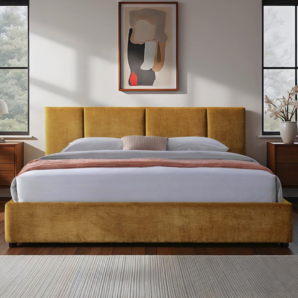 Venice Upholstered Platform King Bed in Gold Fabric. Picture 4