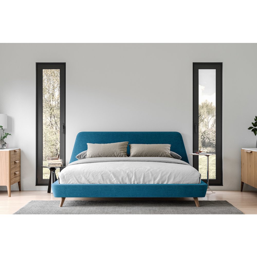 Henry Wood and Fabric Upholstered King Platform Bed in Blue. Picture 3