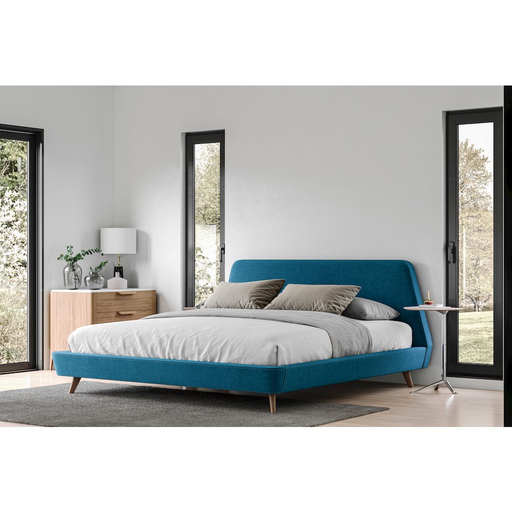 Henry Wood and Fabric Upholstered King Platform Bed in Blue. Picture 4