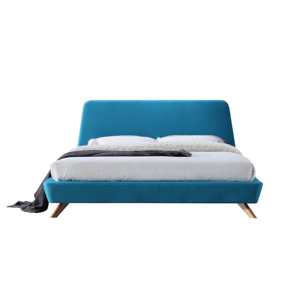 Henry Wood and Fabric Upholstered King Platform Bed in Blue. Picture 1