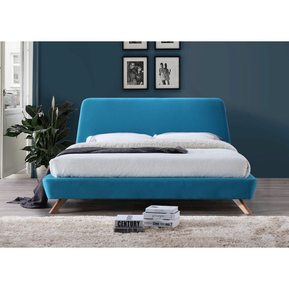Henry Wood and Fabric Upholstered King Platform Bed in Blue. Picture 5