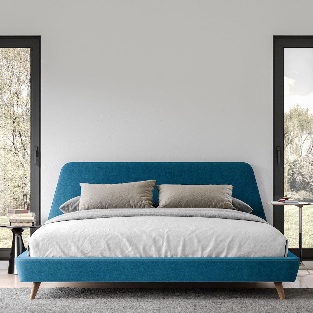 Henry Wood and Fabric Upholstered King Platform Bed in Blue. Picture 6