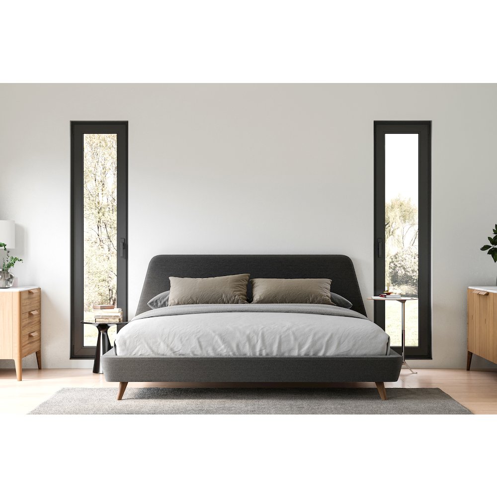 Henry Wood and Fabric Upholstered King Platform Bed in Dark Gray. Picture 2