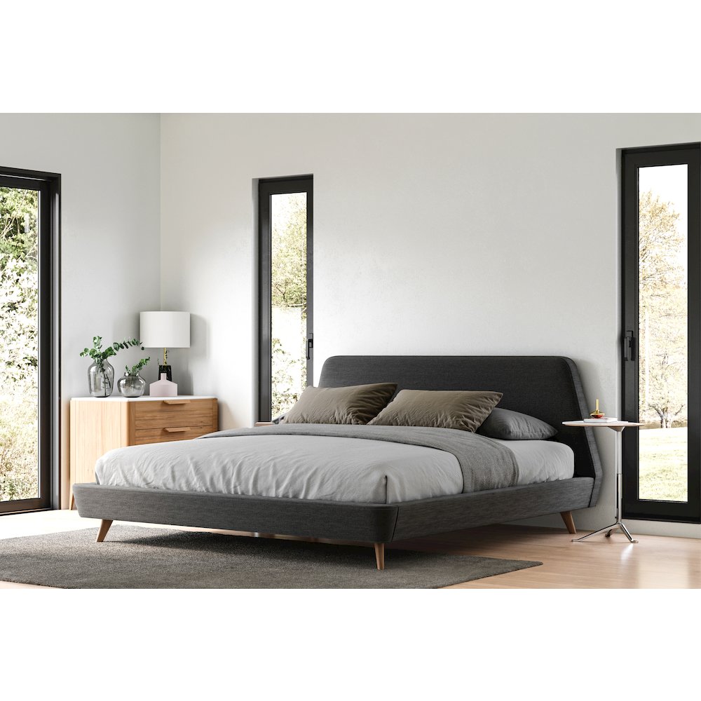 Henry Wood and Fabric Upholstered King Platform Bed in Dark Gray. Picture 3