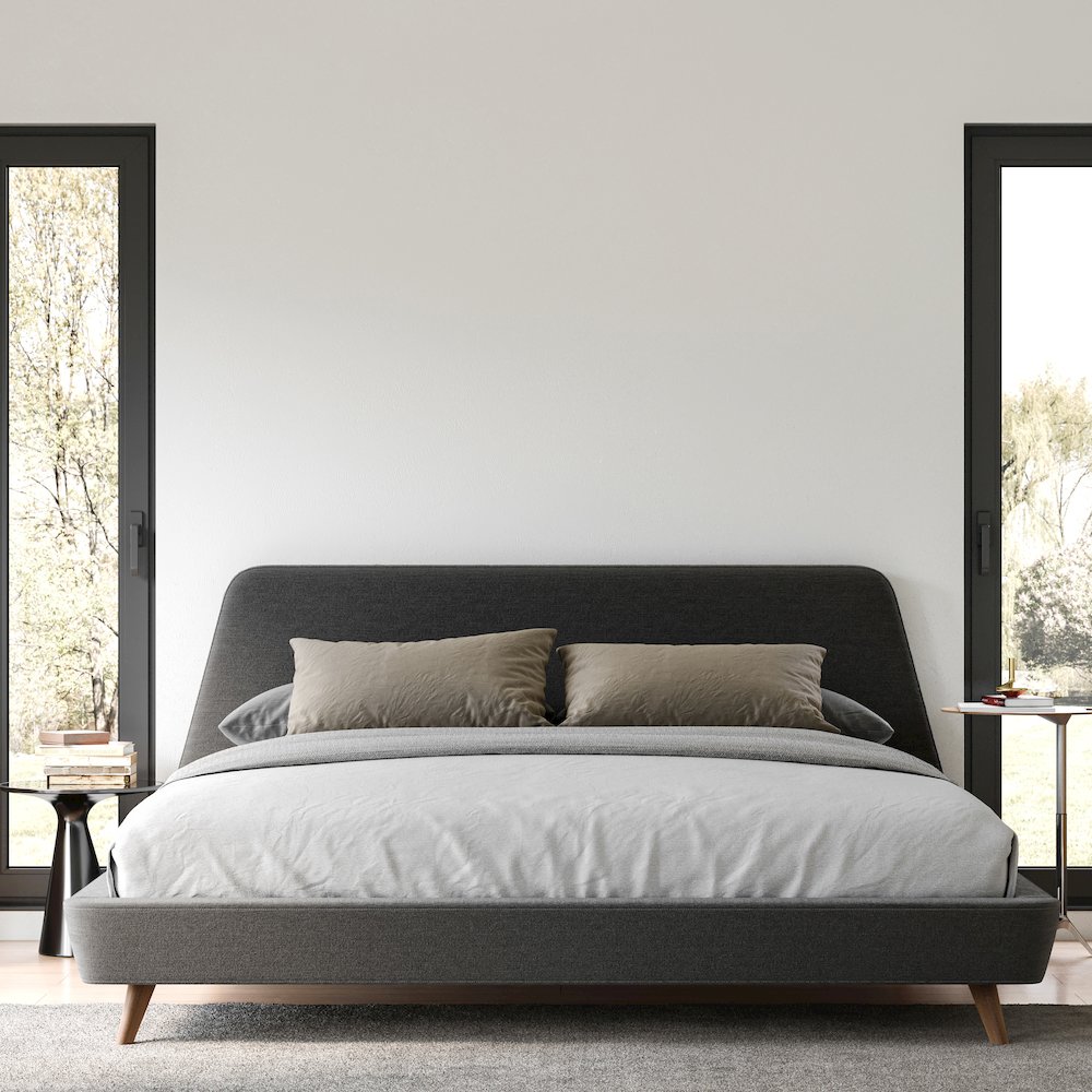 Henry Wood and Fabric Upholstered King Platform Bed in Dark Gray. Picture 1