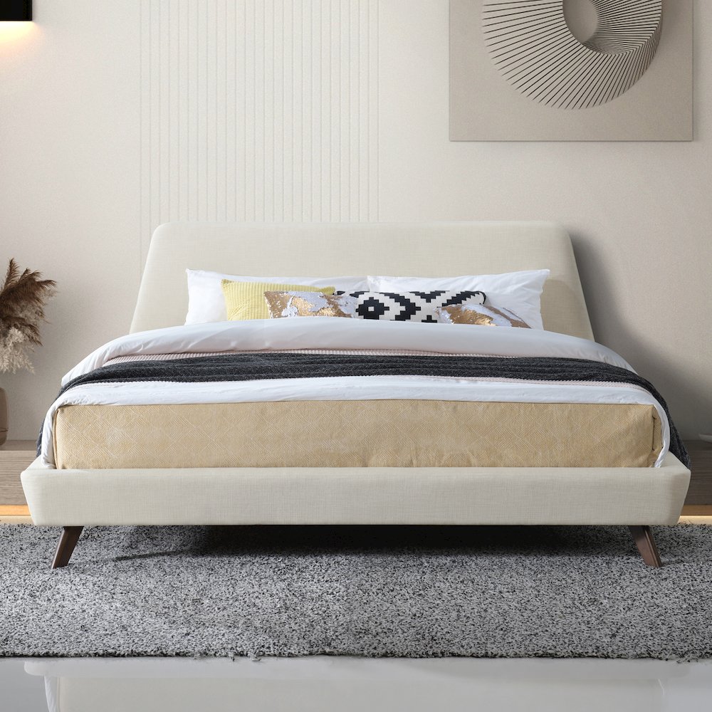 Henry Wood and Fabric Upholstered King Platform Bed in Beige. Picture 5