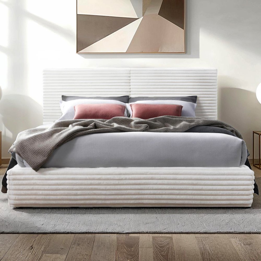 Lucia Fabric Upholstered Platform Queen Bed in White. Picture 4