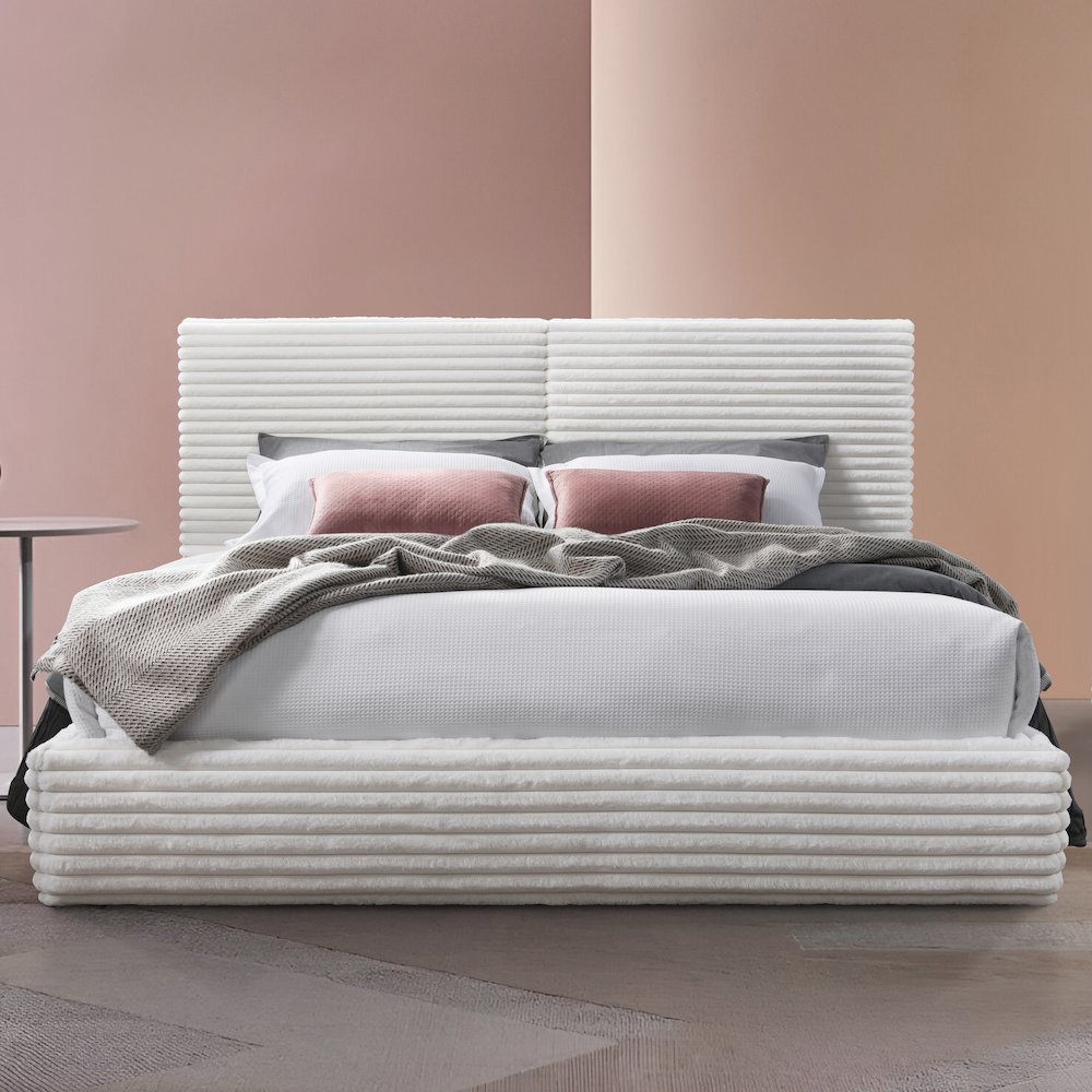 Lucia Fabric Upholstered Platform Queen Bed in White. Picture 6