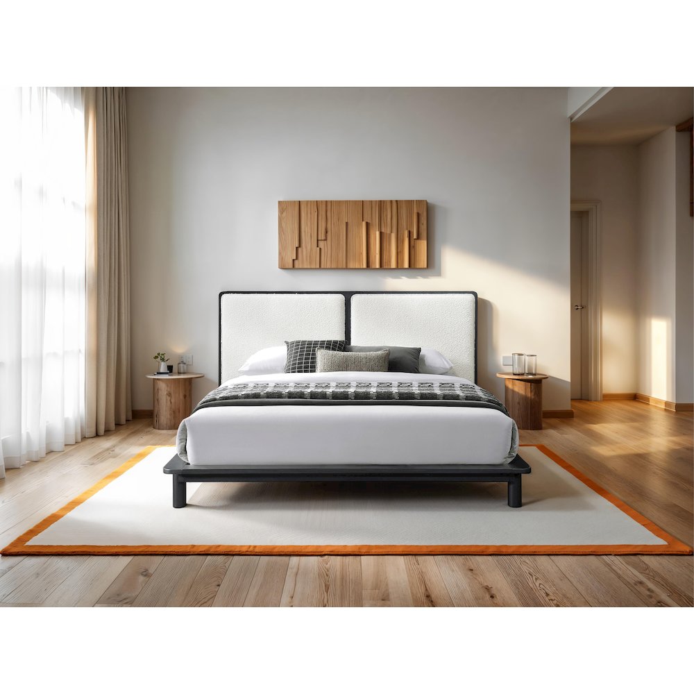 Nord Queen Size Wood Platform Bed in Black and Cream Beige Boucle. Picture 4