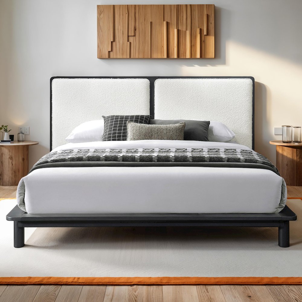 Nord Queen Size Wood Platform Bed in Black and Cream Beige Boucle. Picture 5