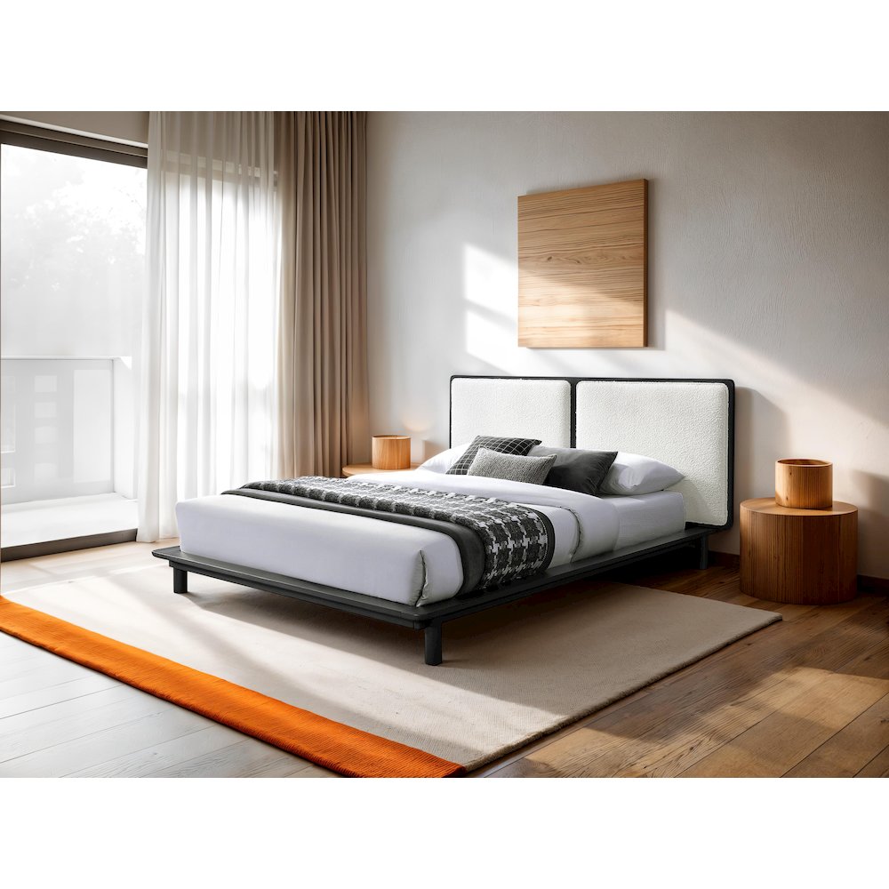 Nord Queen Size Wood Platform Bed in Black and Cream Beige Boucle. Picture 6