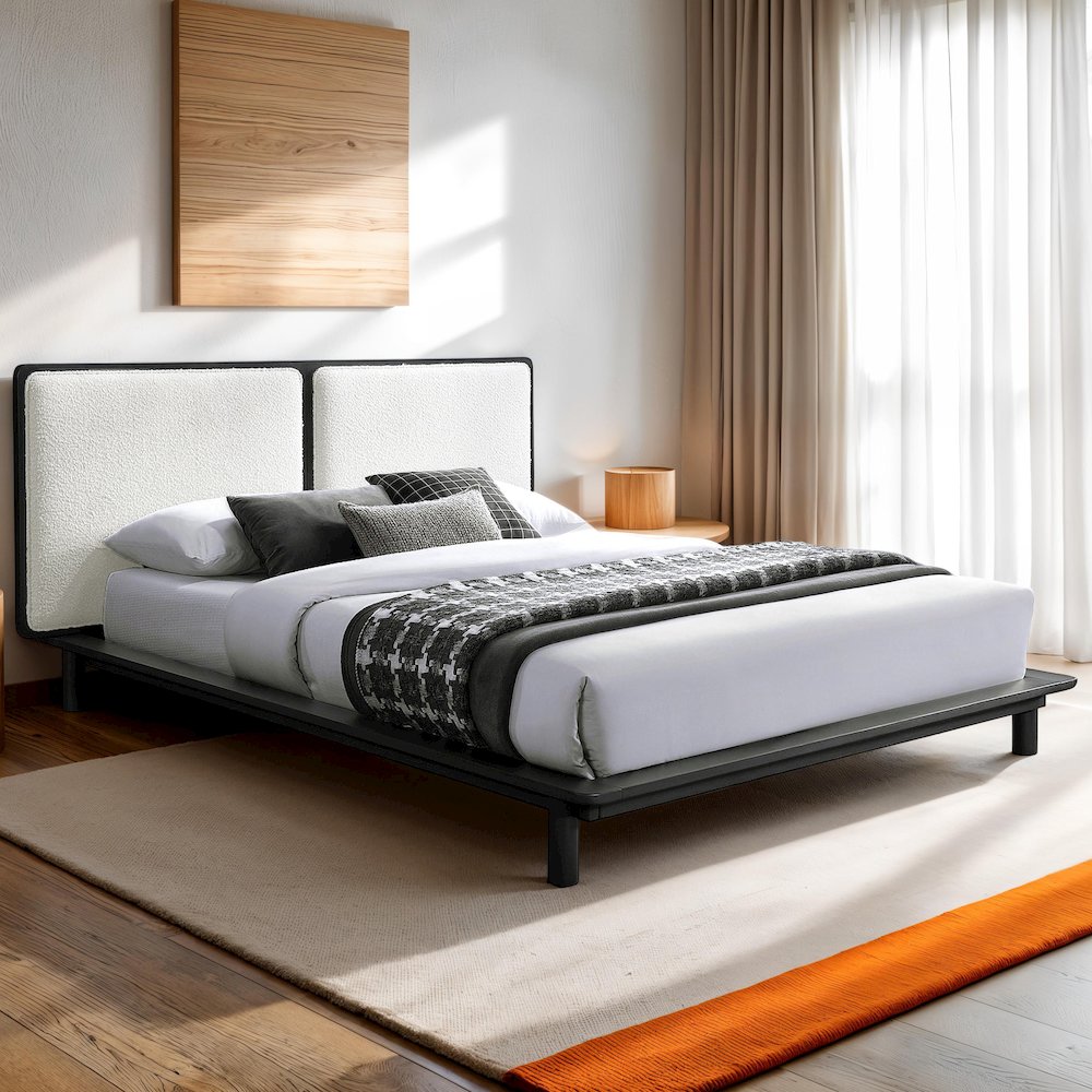 Nord Queen Size Wood Platform Bed in Black and Cream Beige Boucle. Picture 7
