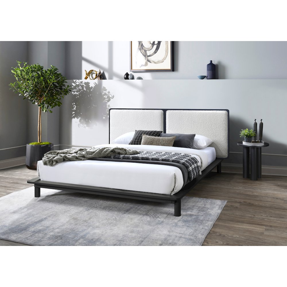 Nord Queen Size Wood Platform Bed in Black and Cream Beige Boucle. Picture 8