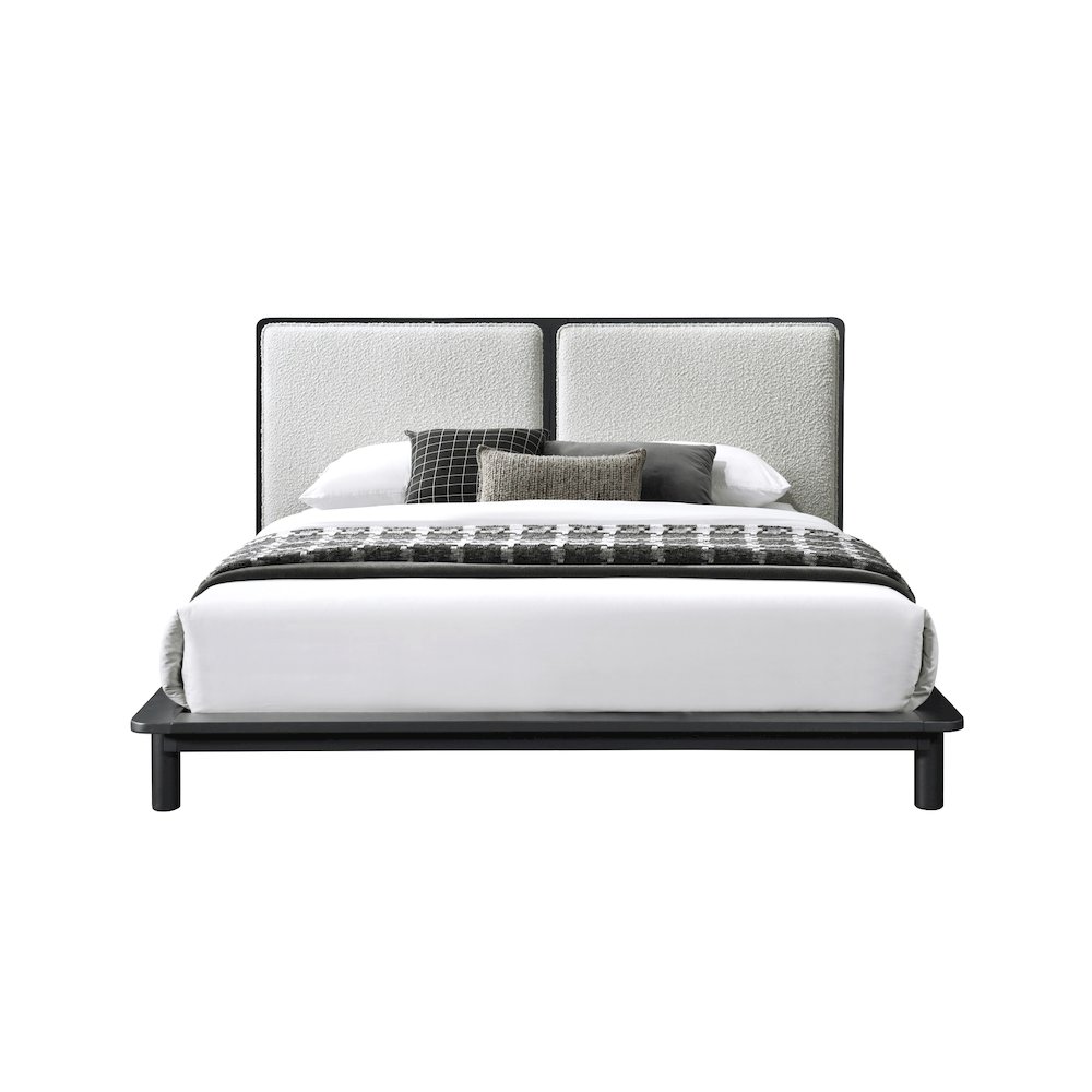 Nord Queen Size Wood Platform Bed in Black and Cream Beige Boucle. Picture 3