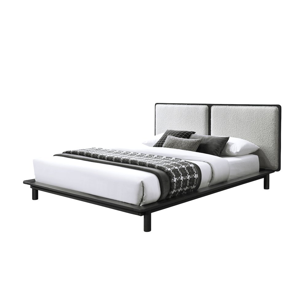 Nord Queen Size Wood Platform Bed in Black and Cream Beige Boucle. Picture 1