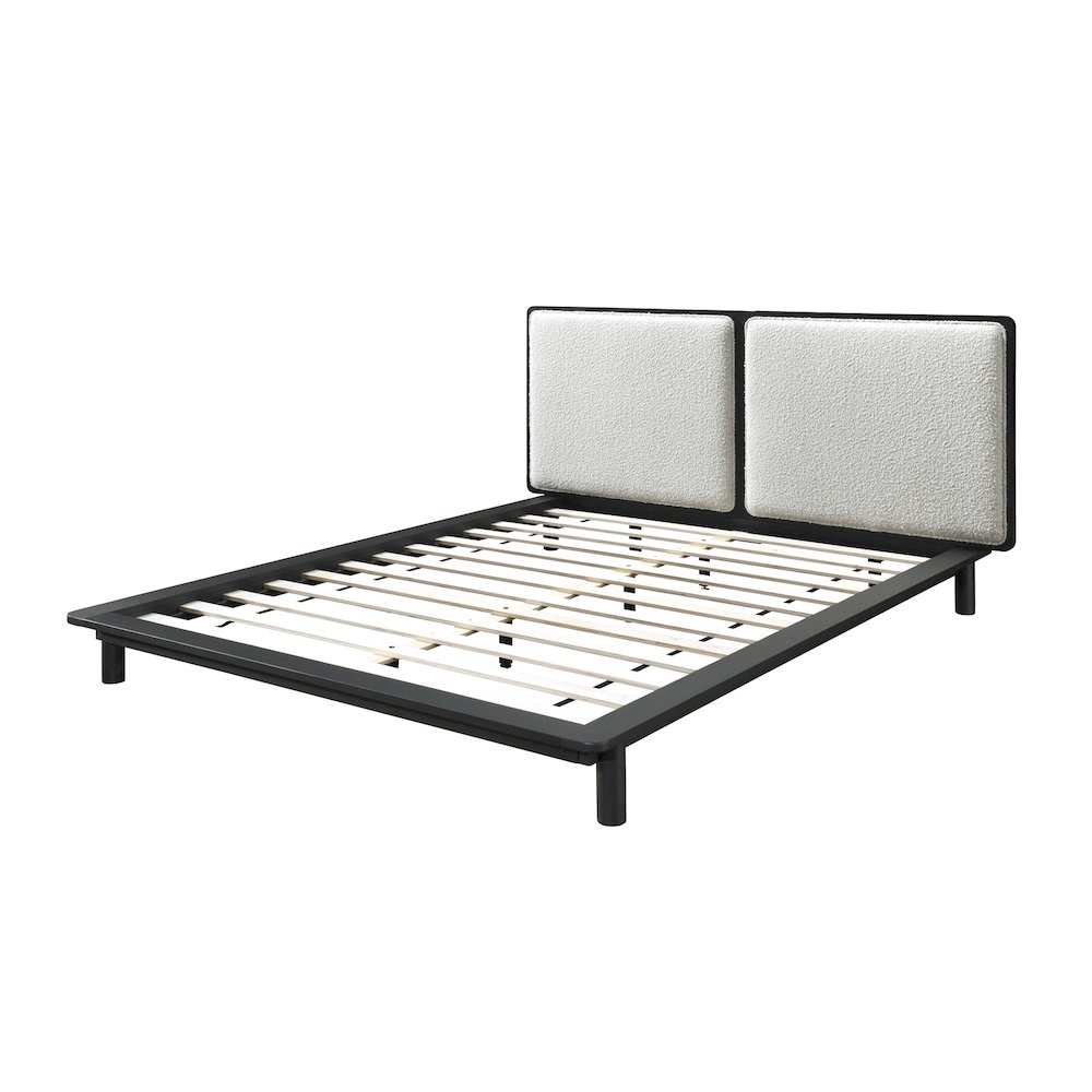 Nord Queen Size Wood Platform Bed in Black and Cream Beige Boucle. Picture 2