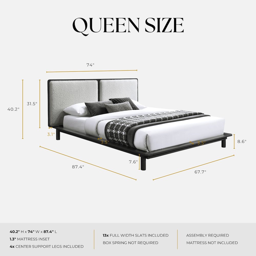 Nord Queen Size Wood Platform Bed in Black and Cream Beige Boucle. Picture 9