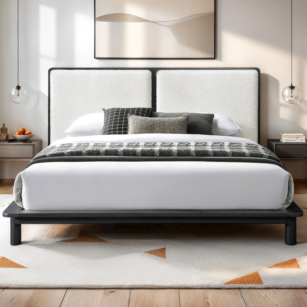 Nord Queen Size Wood Platform Bed in Black and Cream Beige Boucle. Picture 10