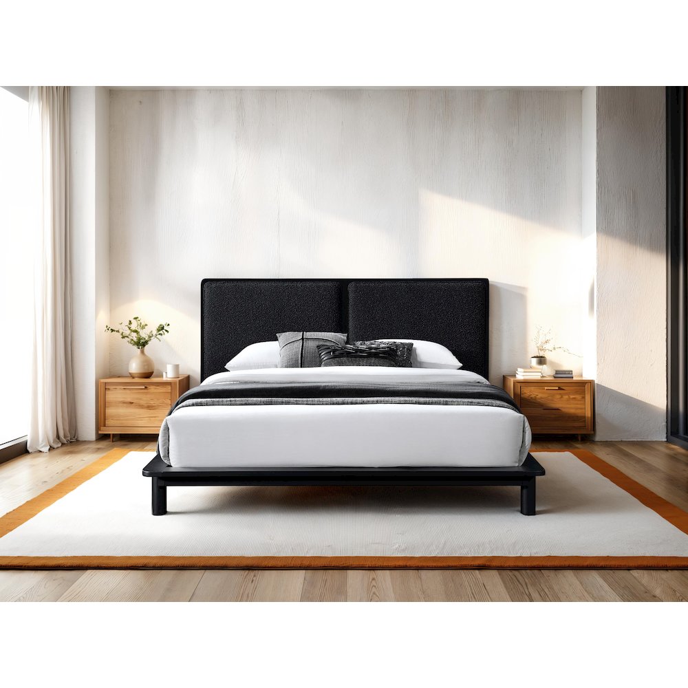 Nord Queen Size Wood Platform Bed in Black Frame and Black Boucle. Picture 4