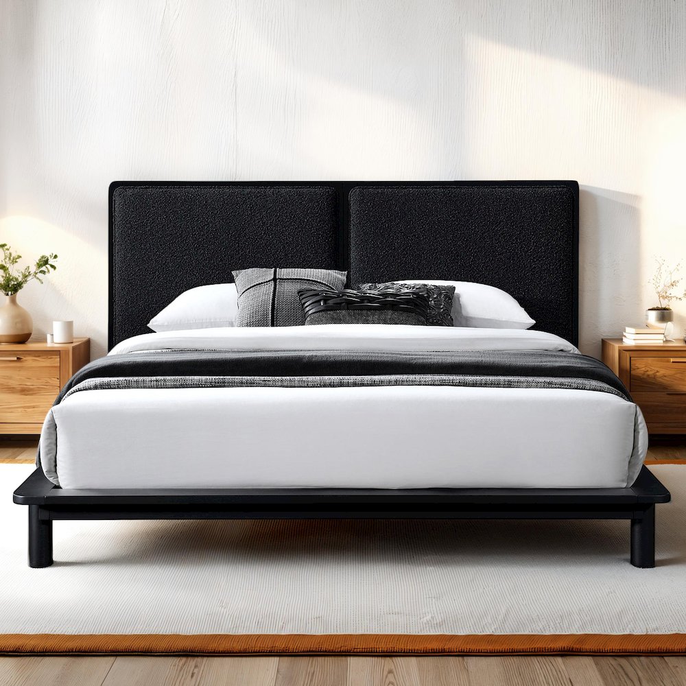Nord Queen Size Wood Platform Bed in Black Frame and Black Boucle. Picture 5