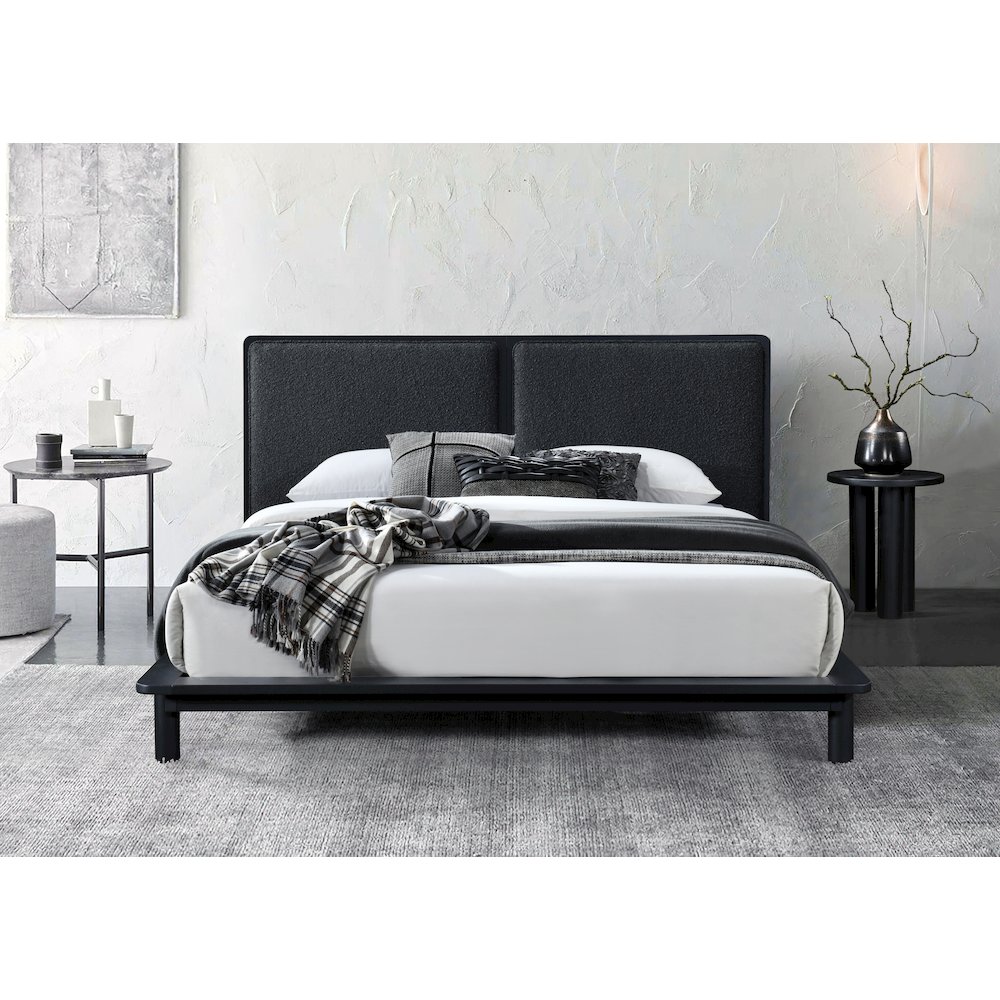 Nord Queen Size Wood Platform Bed in Black Frame and Black Boucle. Picture 6