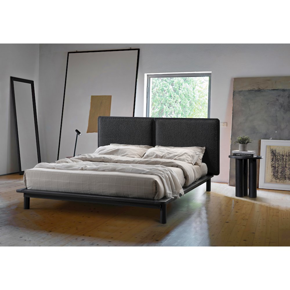 Nord Queen Size Wood Platform Bed in Black Frame and Black Boucle. Picture 7