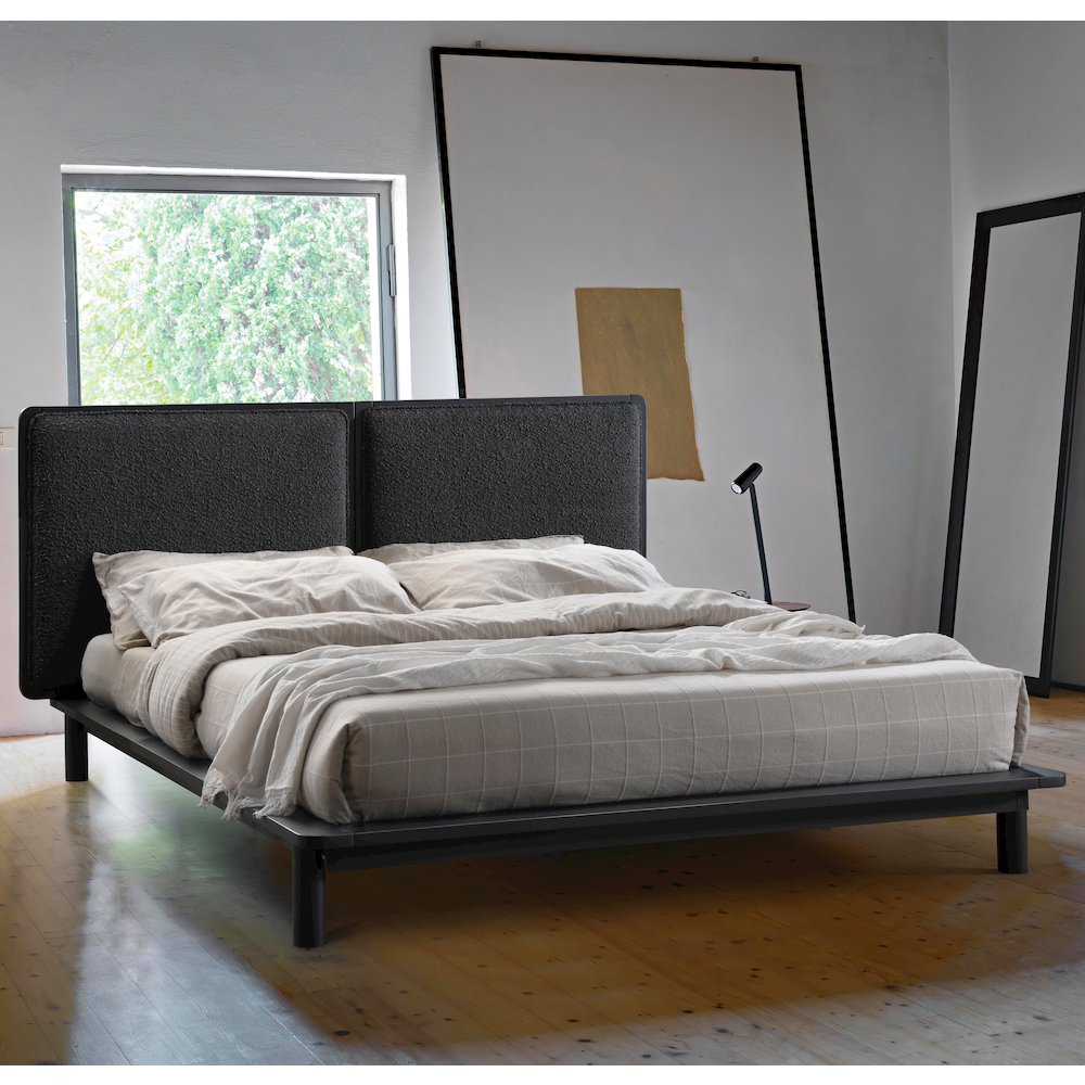 Nord Queen Size Wood Platform Bed in Black Frame and Black Boucle. Picture 10