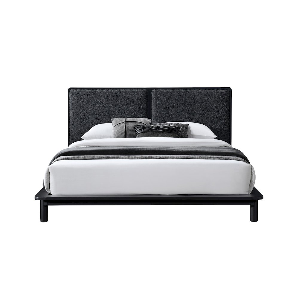 Nord Queen Size Wood Platform Bed in Black Frame and Black Boucle. Picture 1