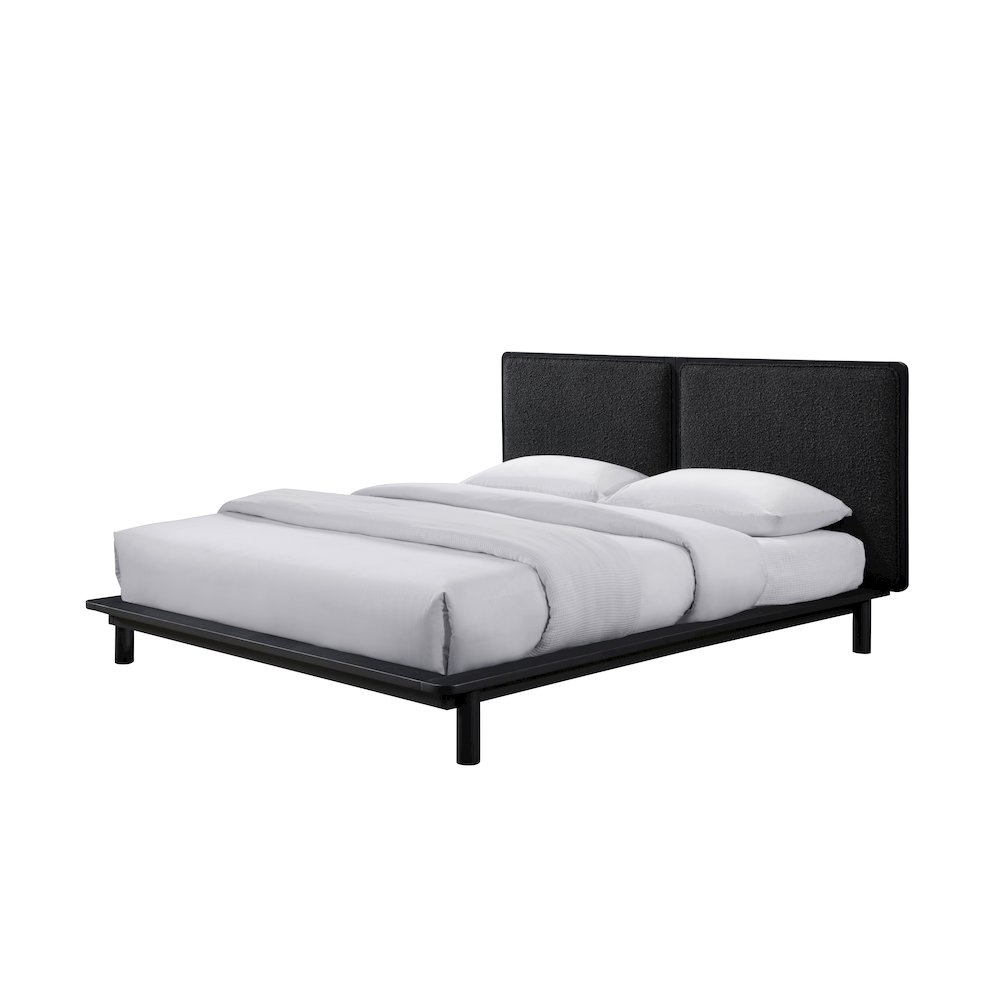 Nord Queen Size Wood Platform Bed in Black Frame and Black Boucle. Picture 2
