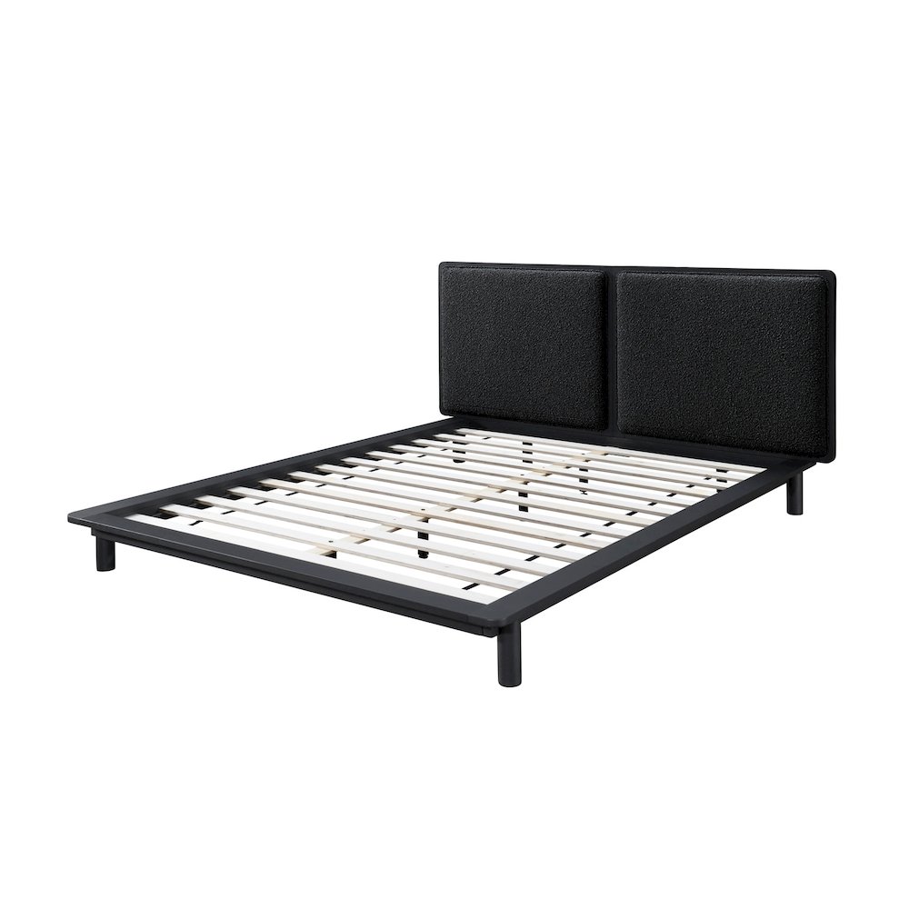 Nord Queen Size Wood Platform Bed in Black Frame and Black Boucle. Picture 3