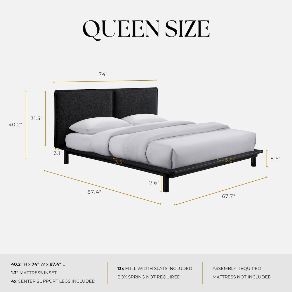 Nord Queen Size Wood Platform Bed in Black Frame and Black Boucle. Picture 9