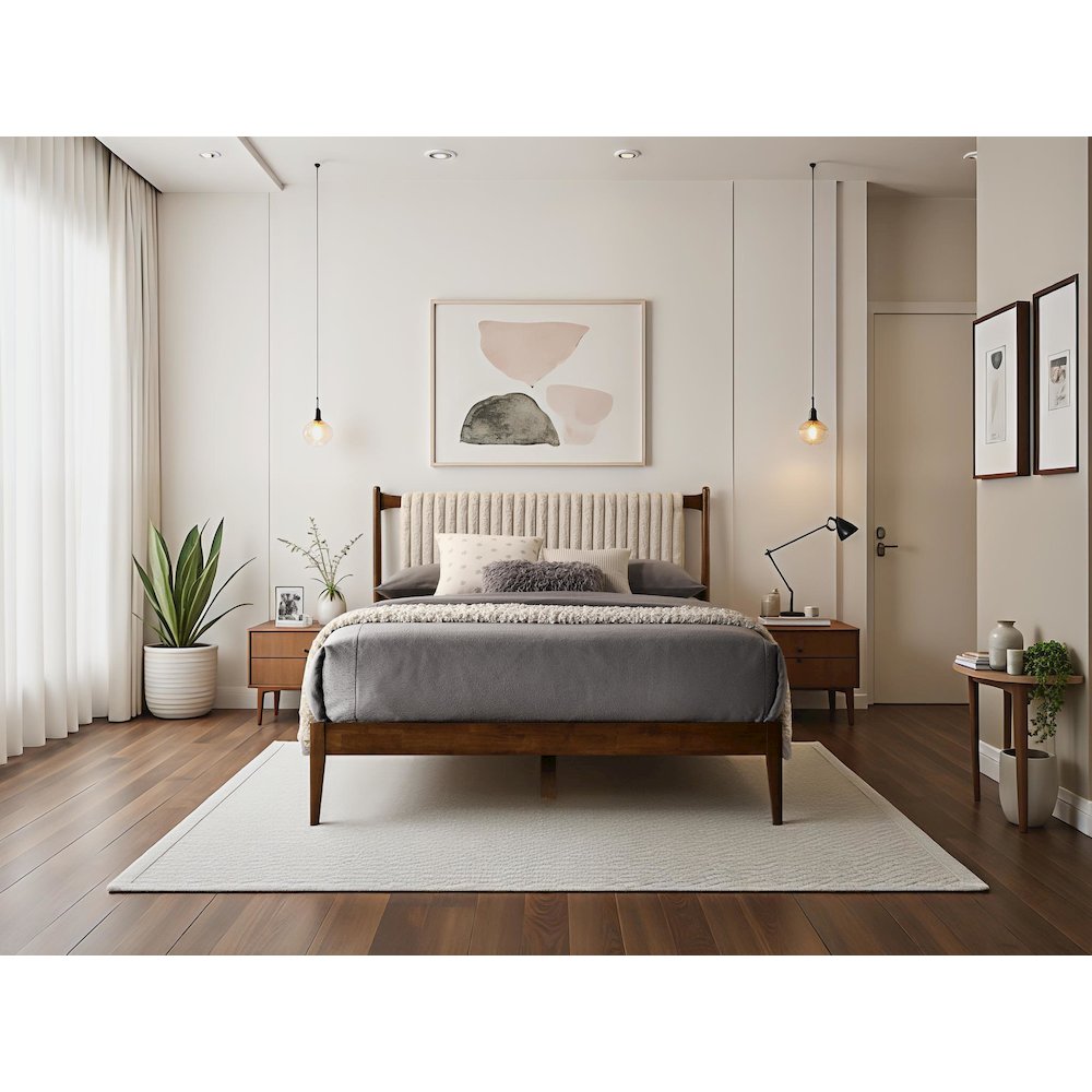 Ella Wooden Queen size Platform Bed in Walnut and Beige. Picture 5