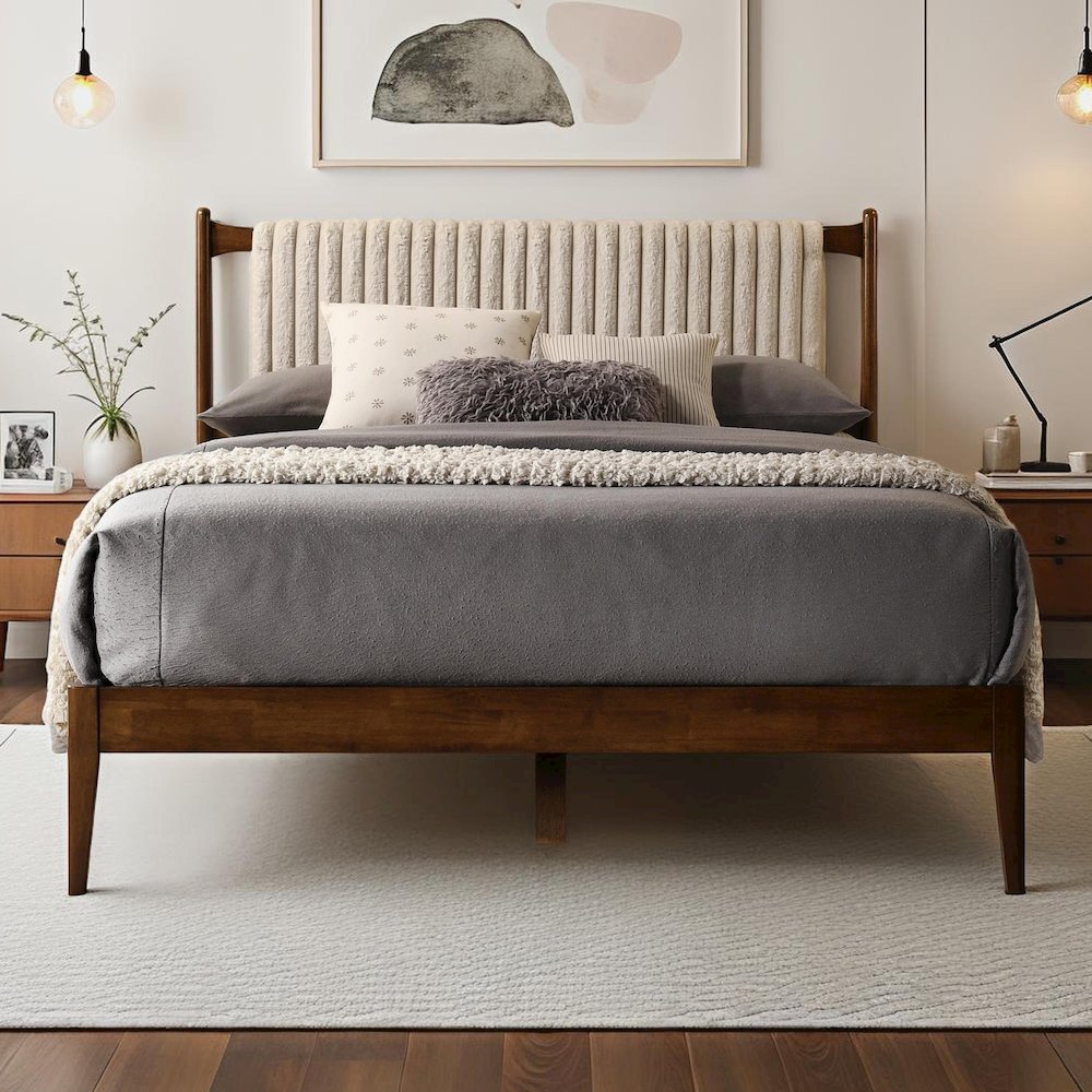 Ella Wooden Queen size Platform Bed in Walnut and Beige. Picture 4
