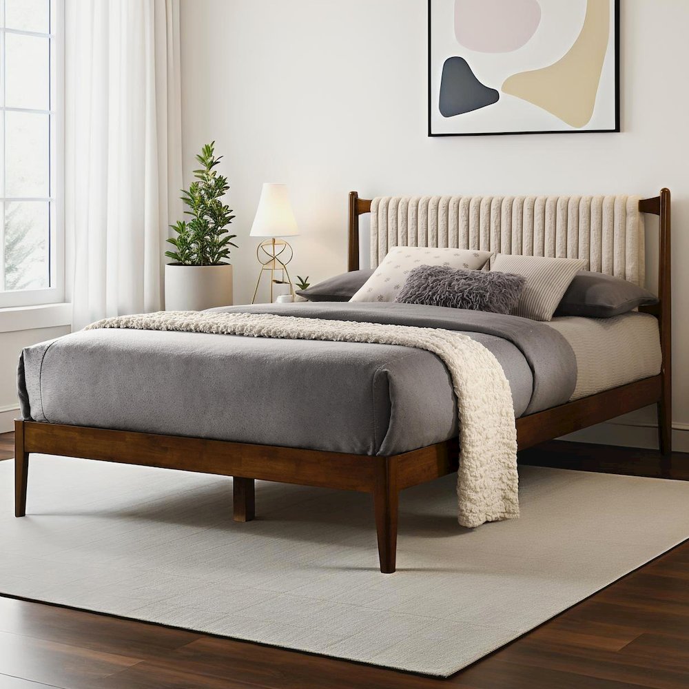Ella Wooden Queen size Platform Bed in Walnut and Beige. Picture 6