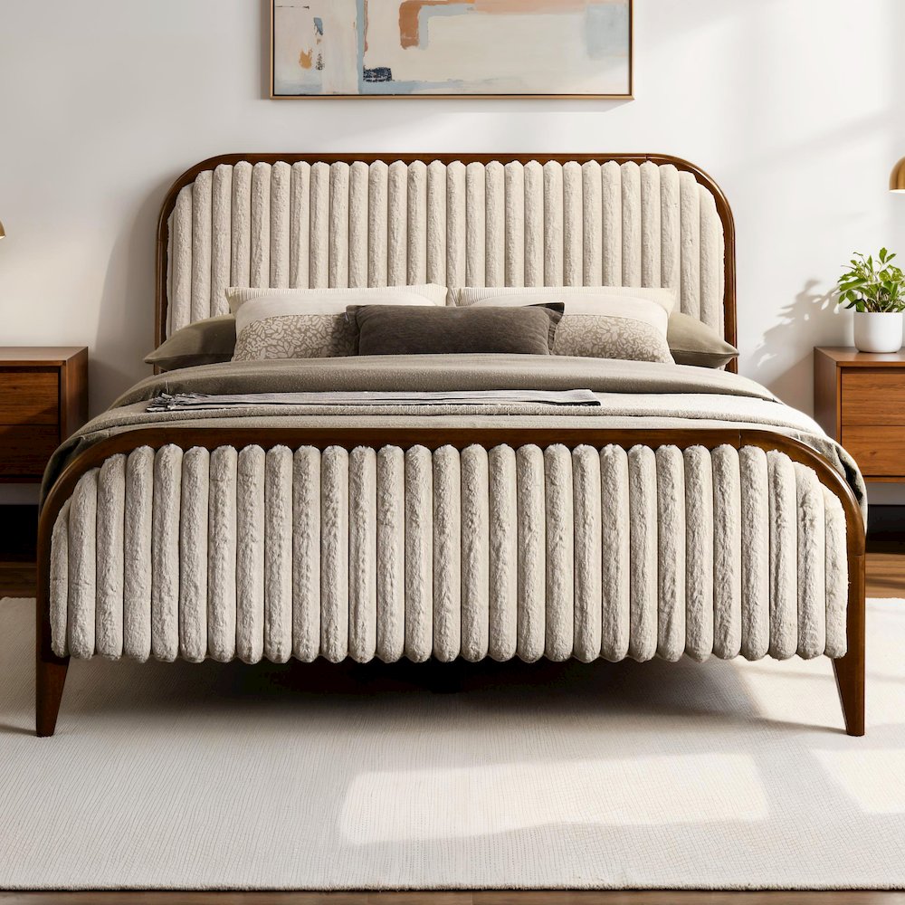 Daphne Wooden Queen size Platform Bed in Walnut and Beige. Picture 4