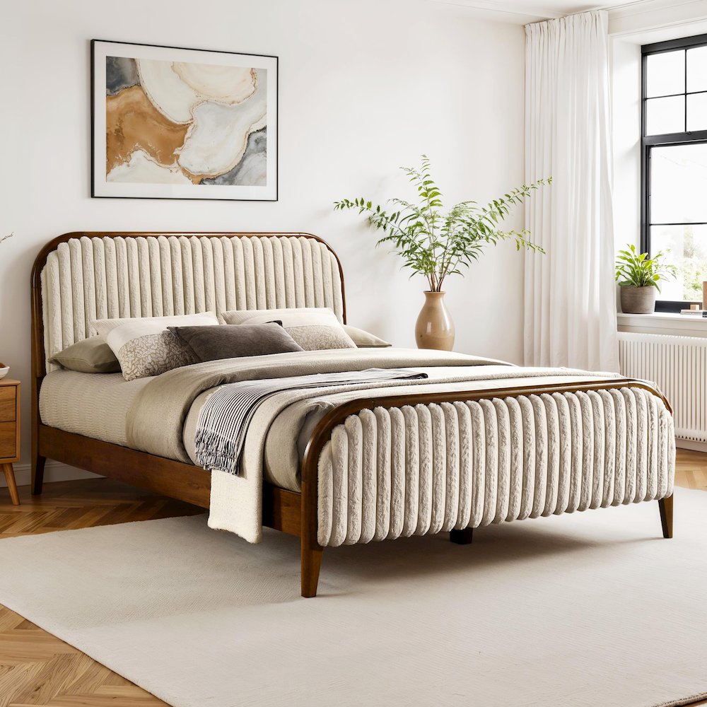 Daphne Wooden Queen size Platform Bed in Walnut and Beige. Picture 7