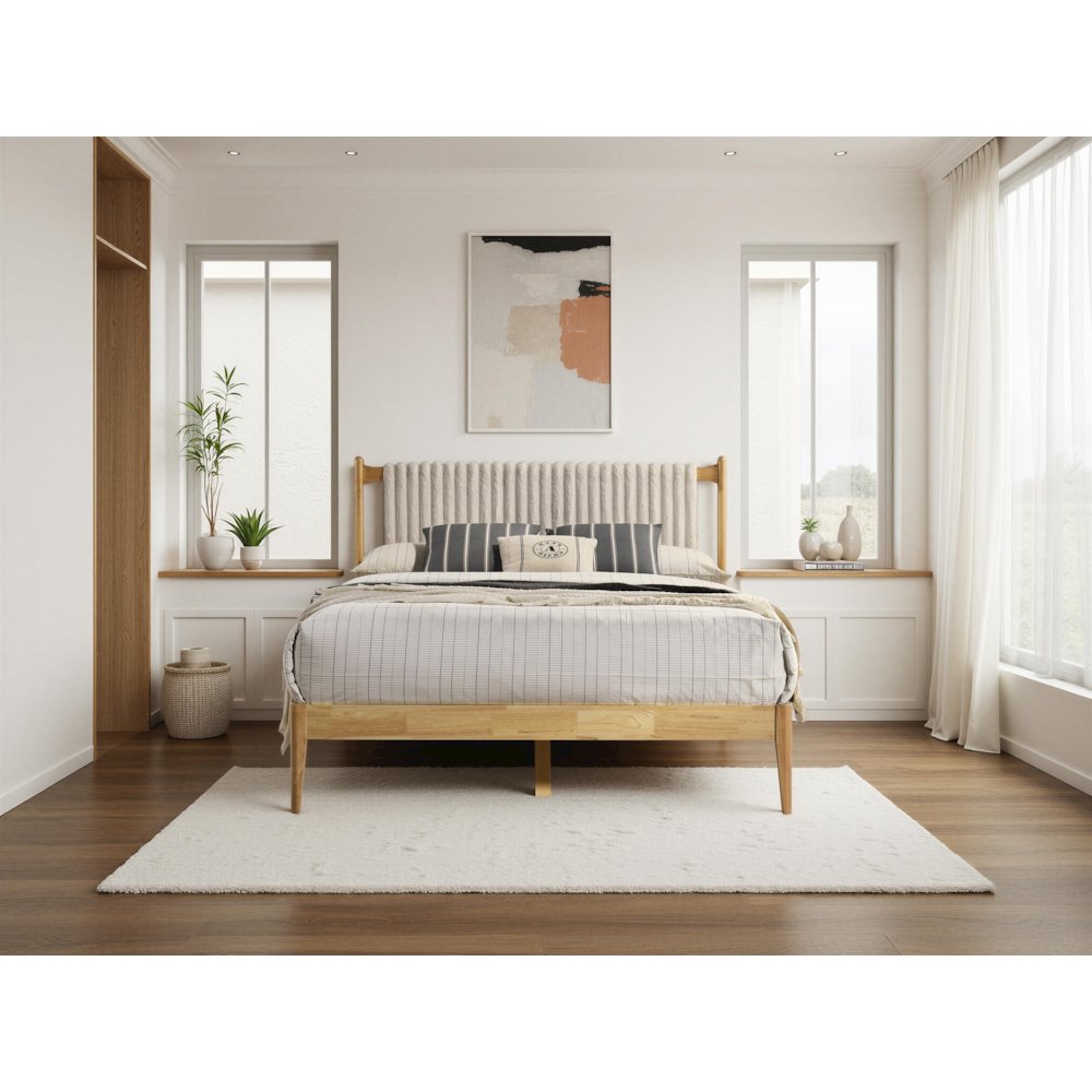 Ella Wooden Queen size Platform Bed in Natural and Beige. Picture 2