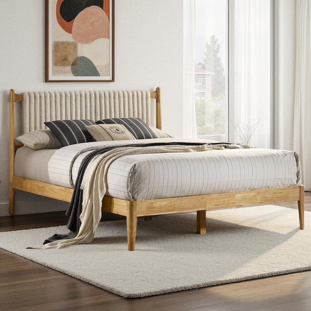 Ella Wooden Queen size Platform Bed in Natural and Beige. Picture 9
