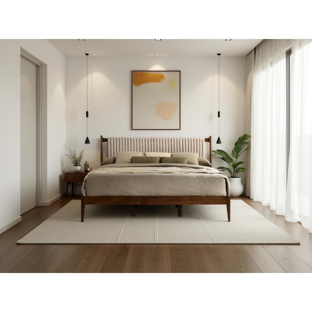 Ella Wooden King size Platform Bed in Walnut and Beige. Picture 2