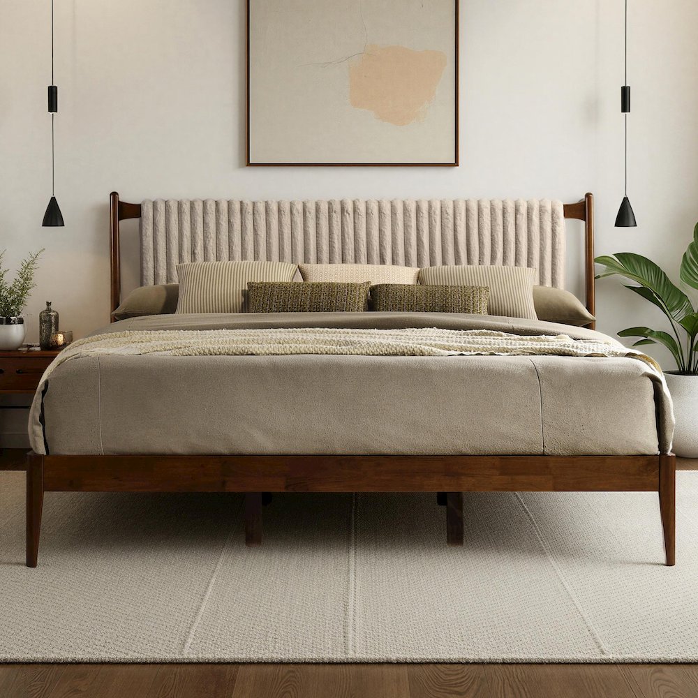 Ella Wooden King size Platform Bed in Walnut and Beige. Picture 7