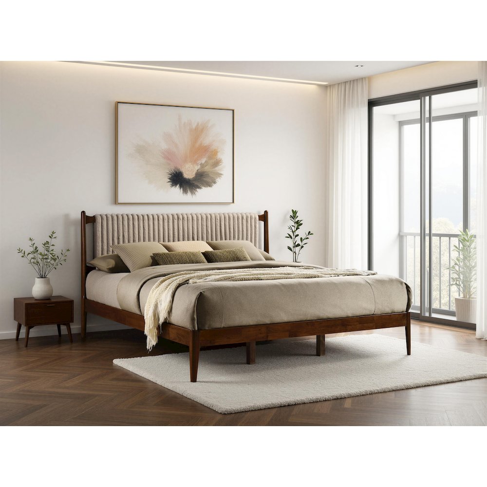 Ella Wooden King size Platform Bed in Walnut and Beige. Picture 8