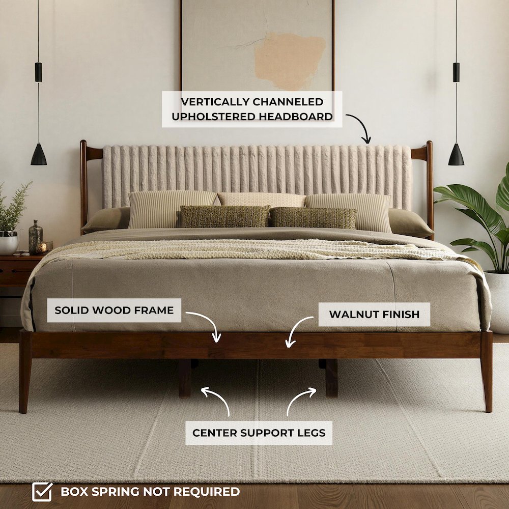Ella Wooden King size Platform Bed in Walnut and Beige. Picture 9