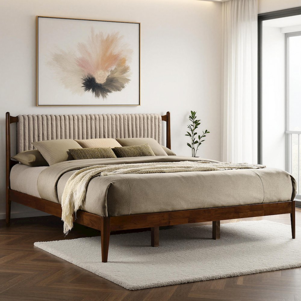 Ella Wooden King size Platform Bed in Walnut and Beige. Picture 10