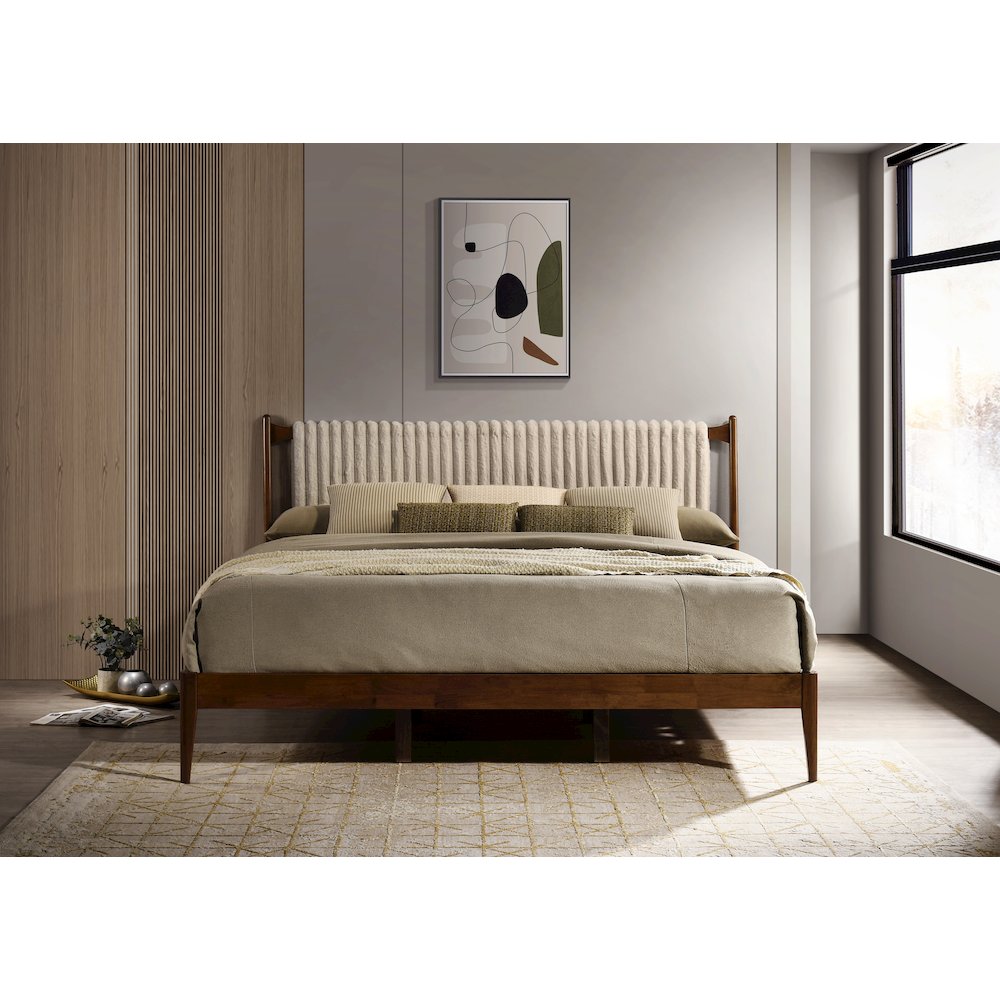 Ella Wooden King size Platform Bed in Walnut and Beige. Picture 12