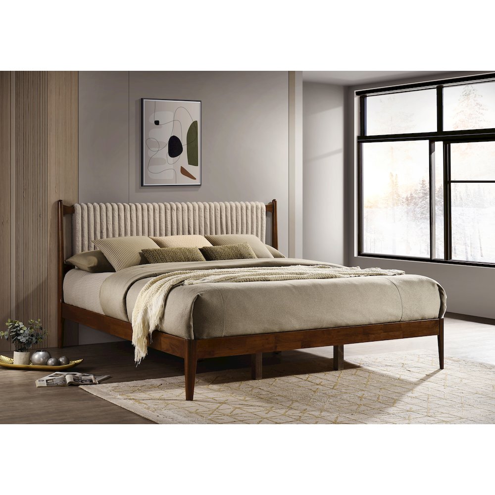 Ella Wooden King size Platform Bed in Walnut and Beige. Picture 13